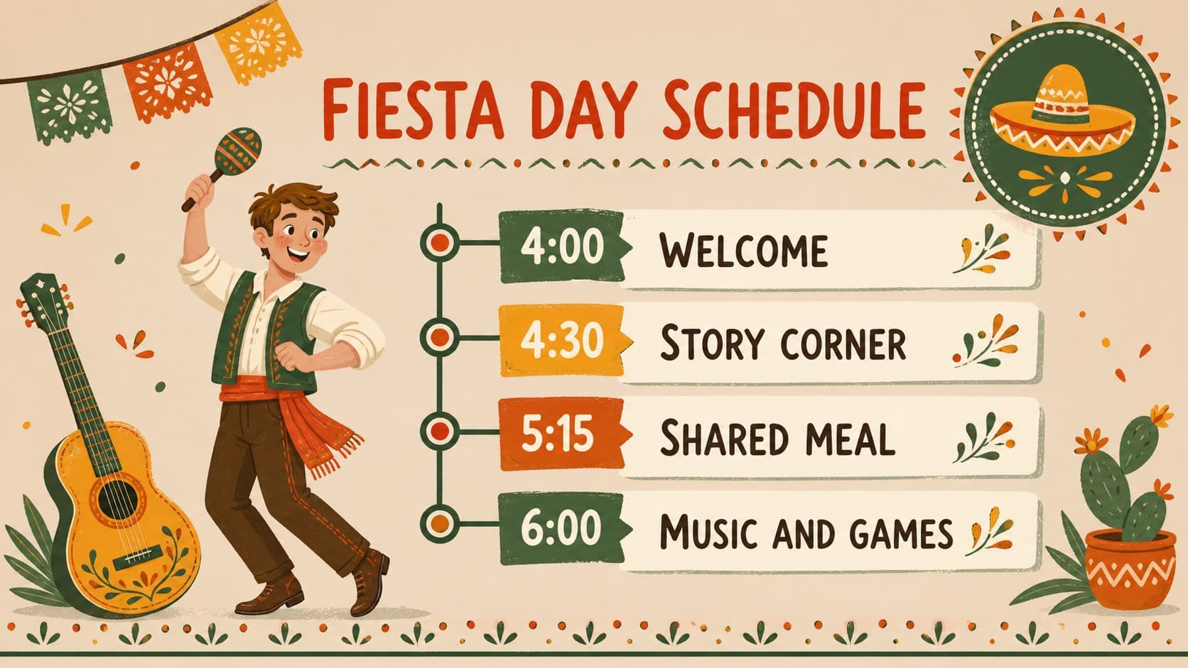 Cinco de Mayo event schedule slide with colorful timing blocks and decorative shapes.