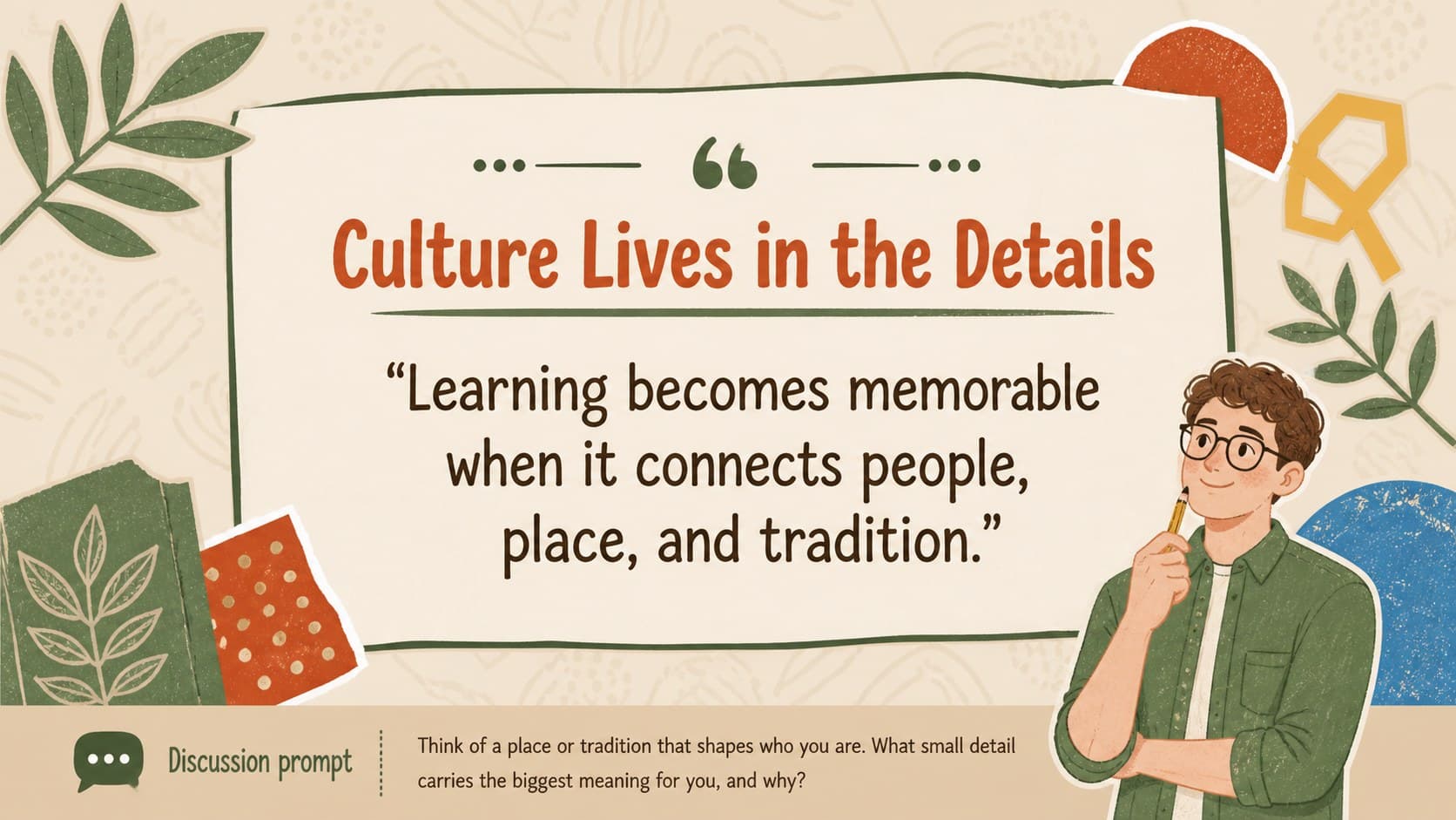 Mexican heritage classroom presentation slide with a quote and illustrated cultural accents.