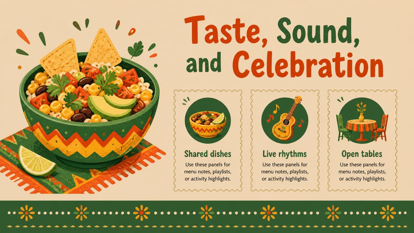 Fiesta food and music slide with editable content areas for cultural presentation topics.