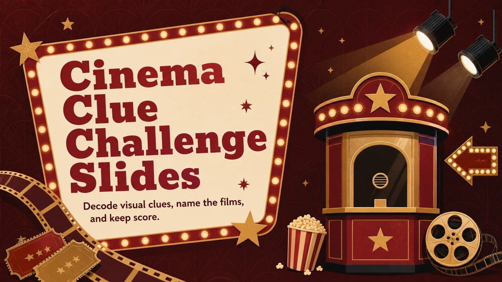 Gold and red Cinema Clue Challenge Slides cover with retro theater illustrations and bold quiz typography.