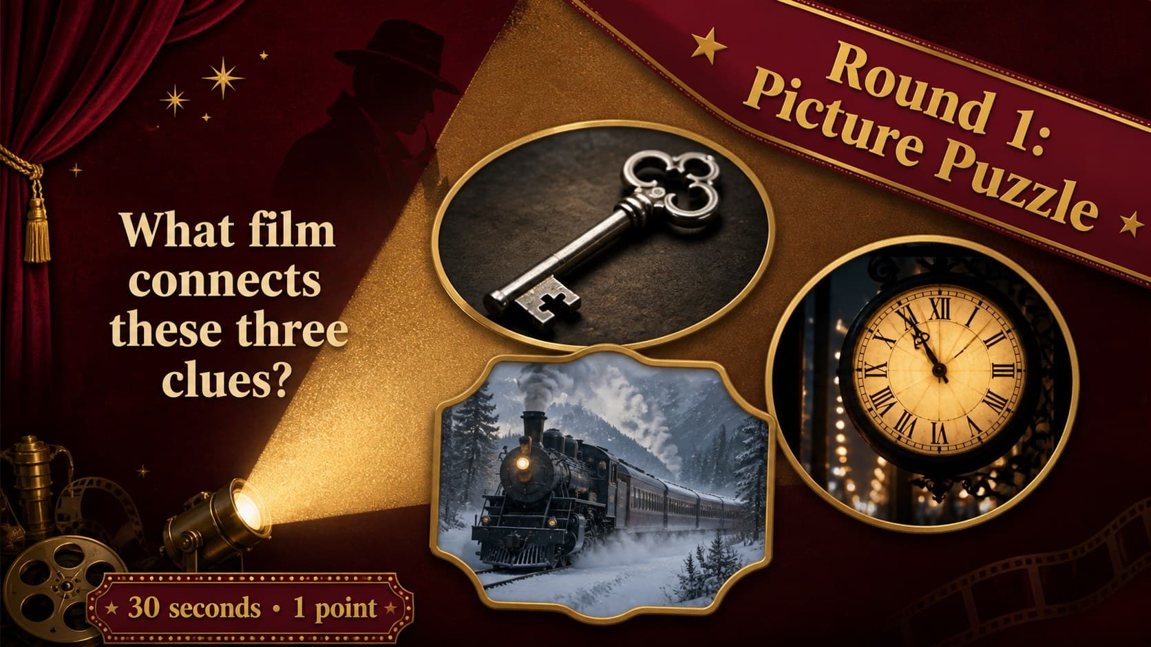 Interactive film trivia presentation slide featuring three illustrated visual clues for the opening round.
