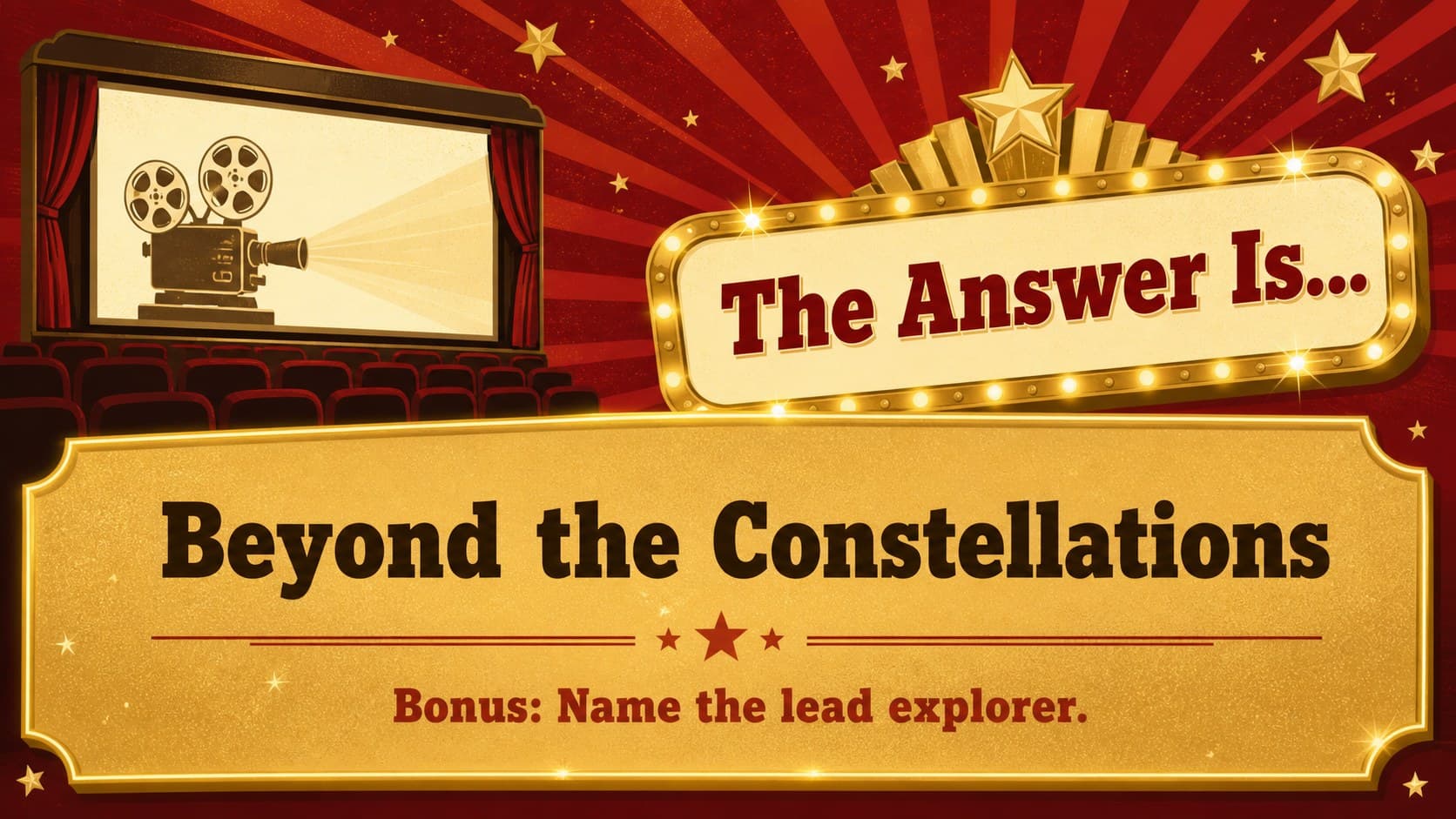 Gold and red movie quiz deck answer slide revealing a fictional title and bonus question.
