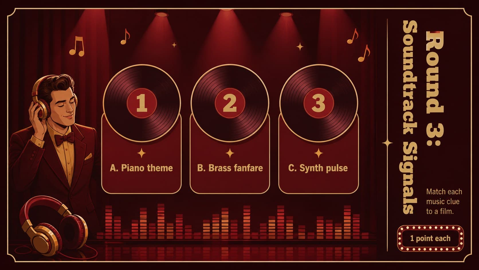 Cinema party game PowerPoint slide with a three-part soundtrack clue challenge.