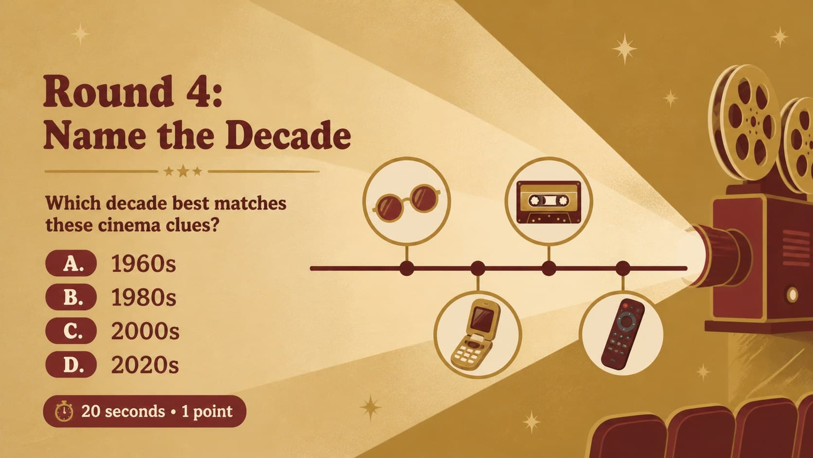 Classroom film knowledge quiz slide asking players to identify a movie decade from visual hints.