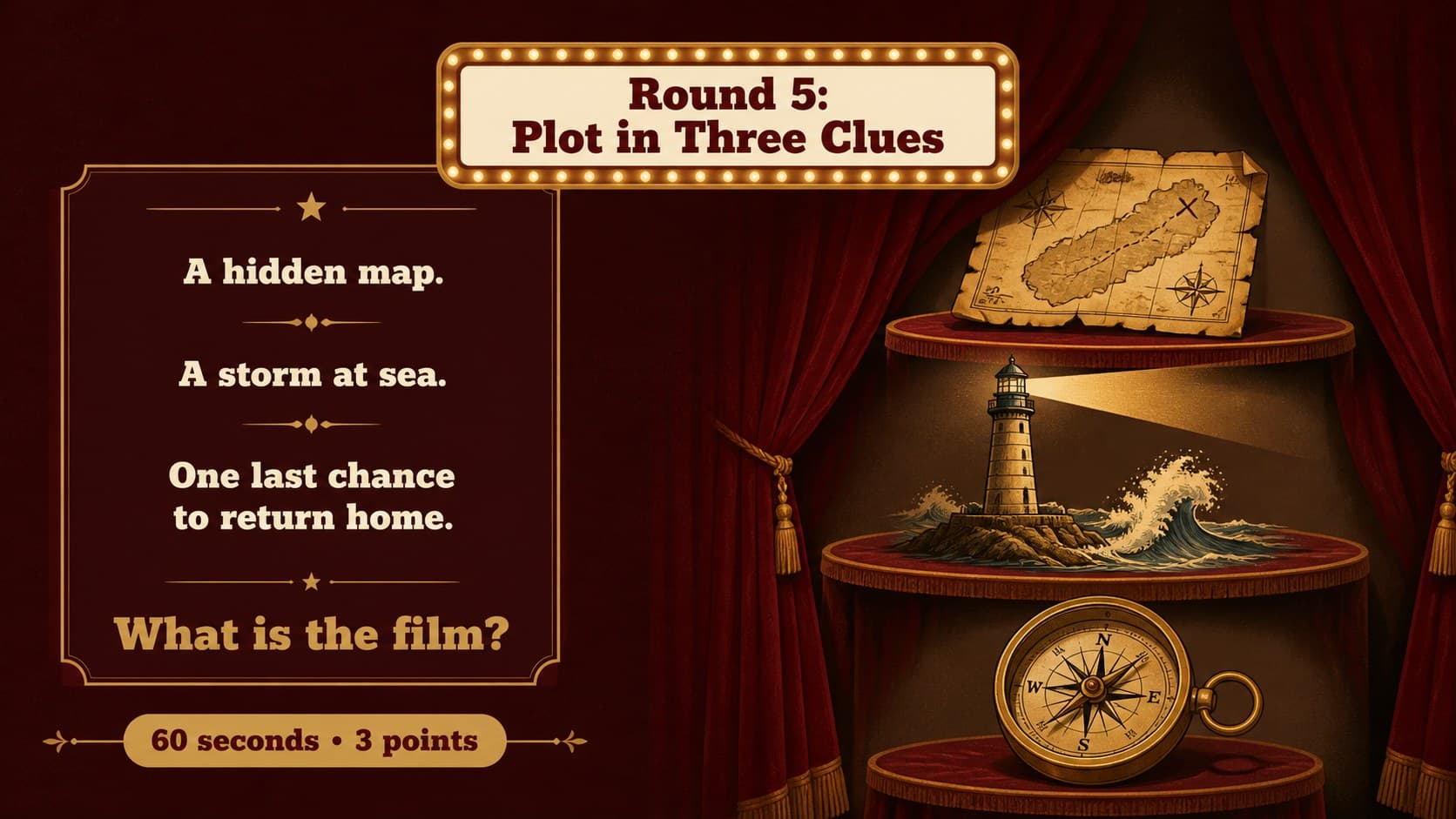 Editable movie clue slide presenting a short fictional plot puzzle in a dramatic theater layout.