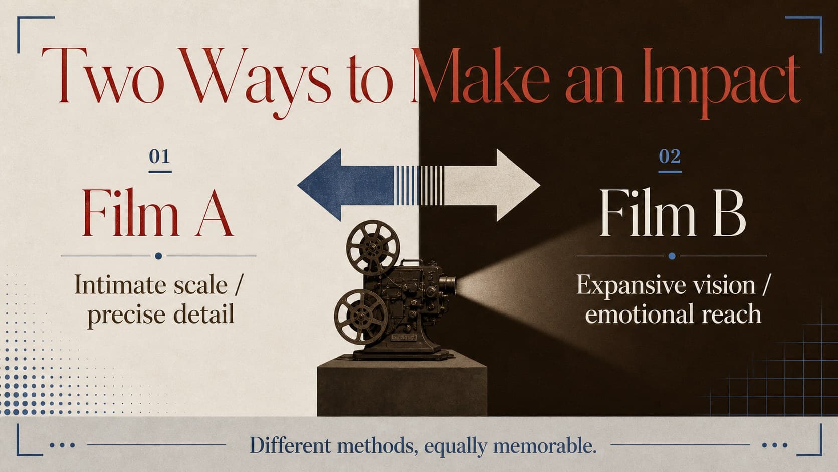 Movie comparison slide contrasting two ranked films with structured editorial notes and visual cues.