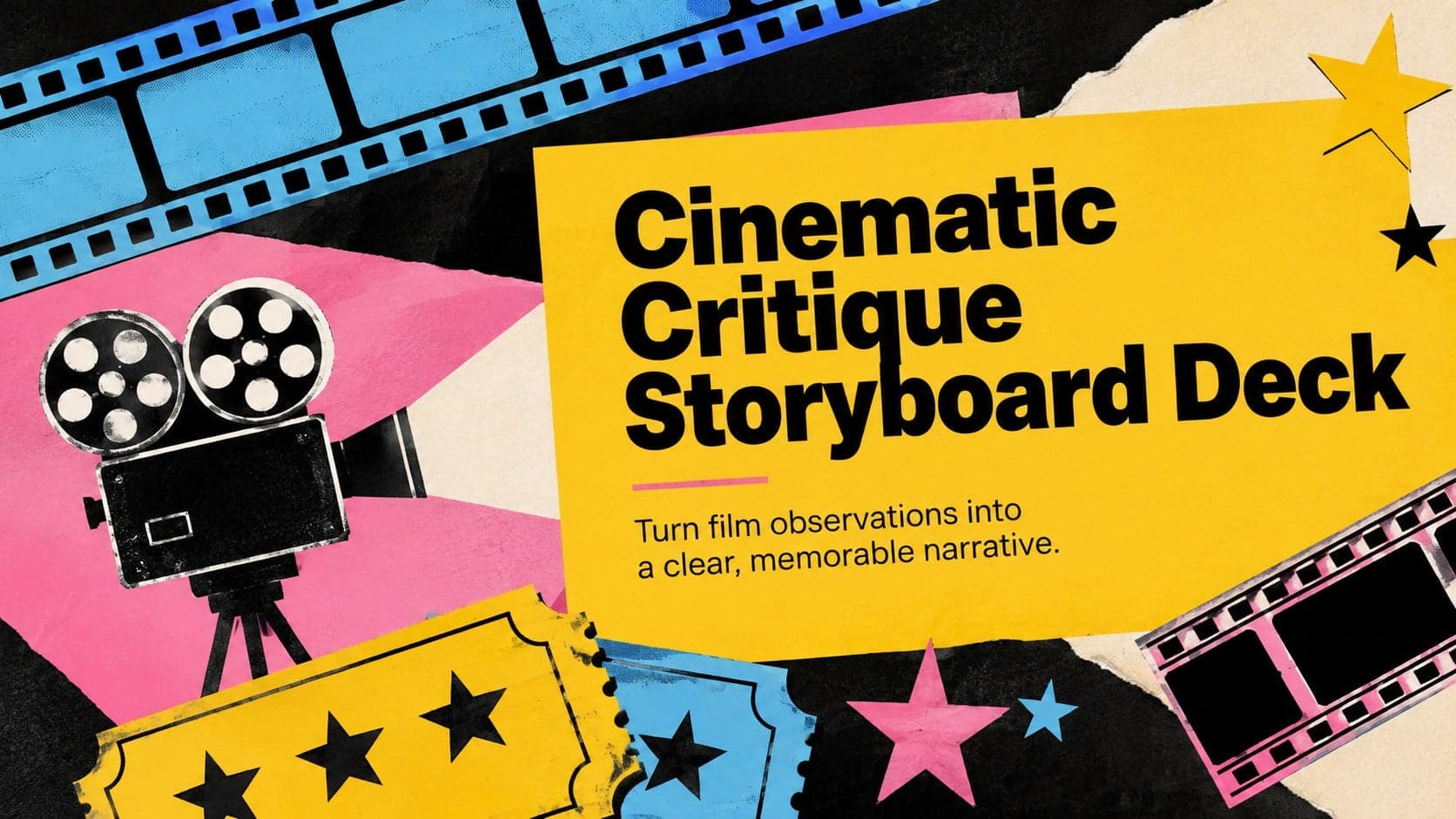 Cover of the Cinematic Critique Storyboard Deck with colorful editorial collage graphics and a bold yellow film-inspired layout.