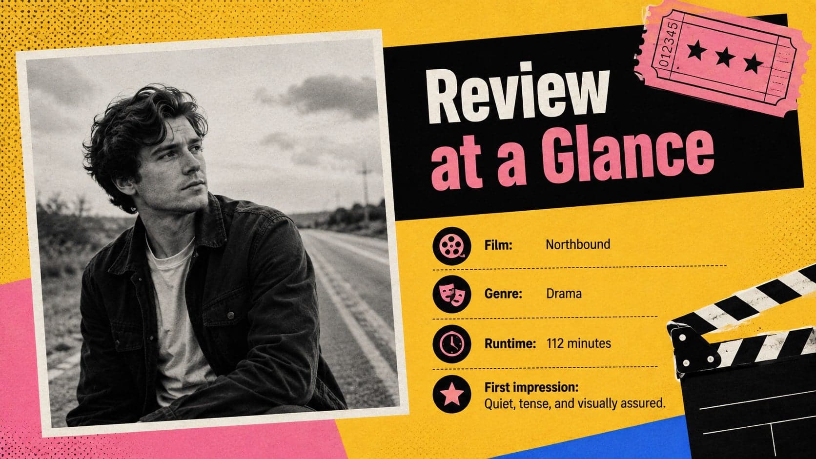 Film review overview slide presenting the movie title, genre, release details, and concise first impression.