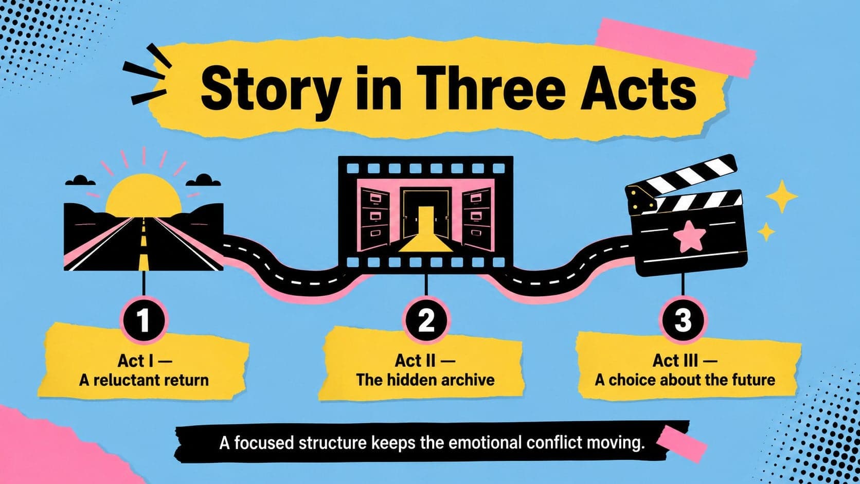 Three-act plot structure slide for a film analysis presentation template with illustrated timeline markers.