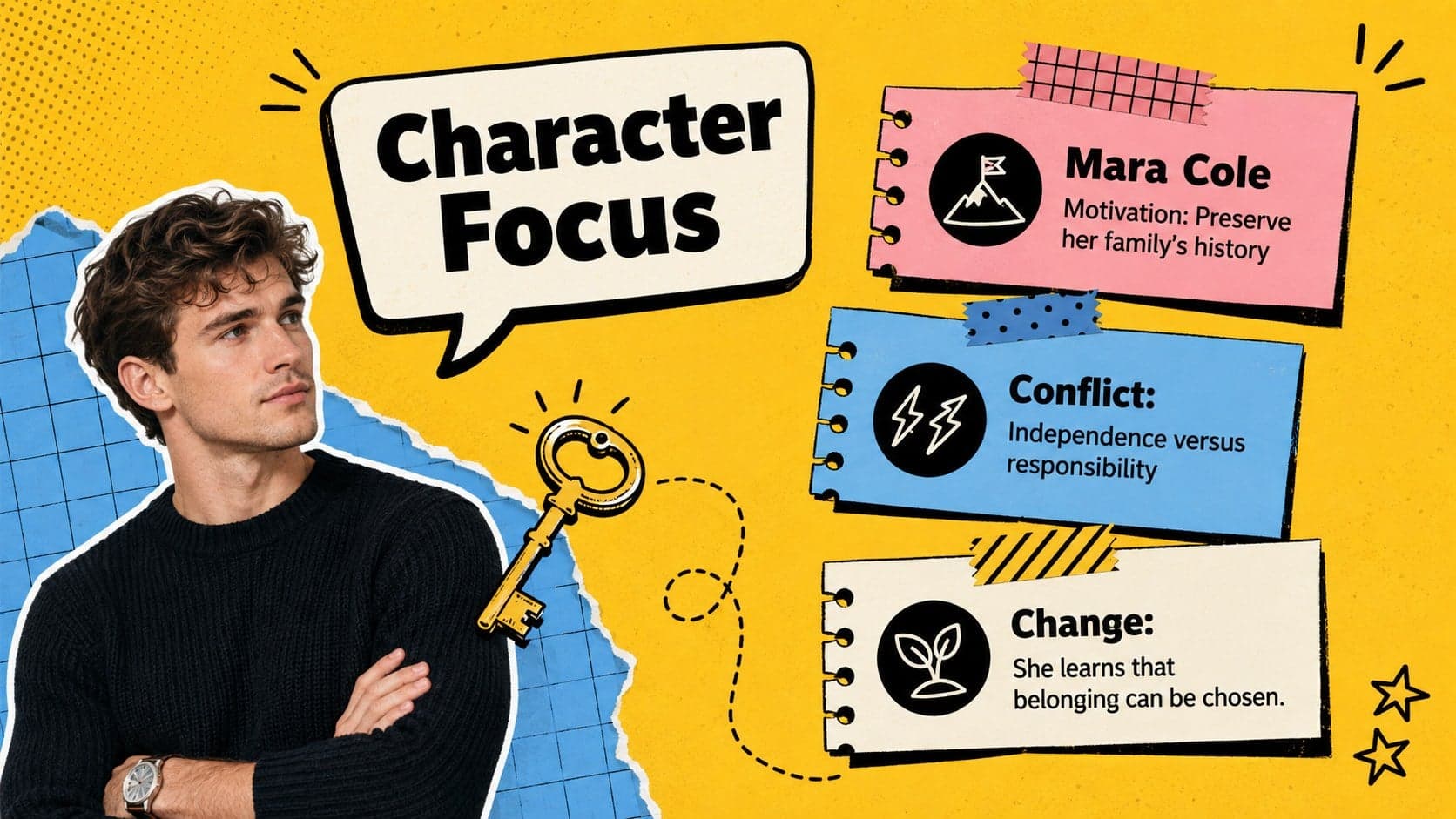 Character analysis slide comparing the protagonist's motivation, conflict, and transformation.
