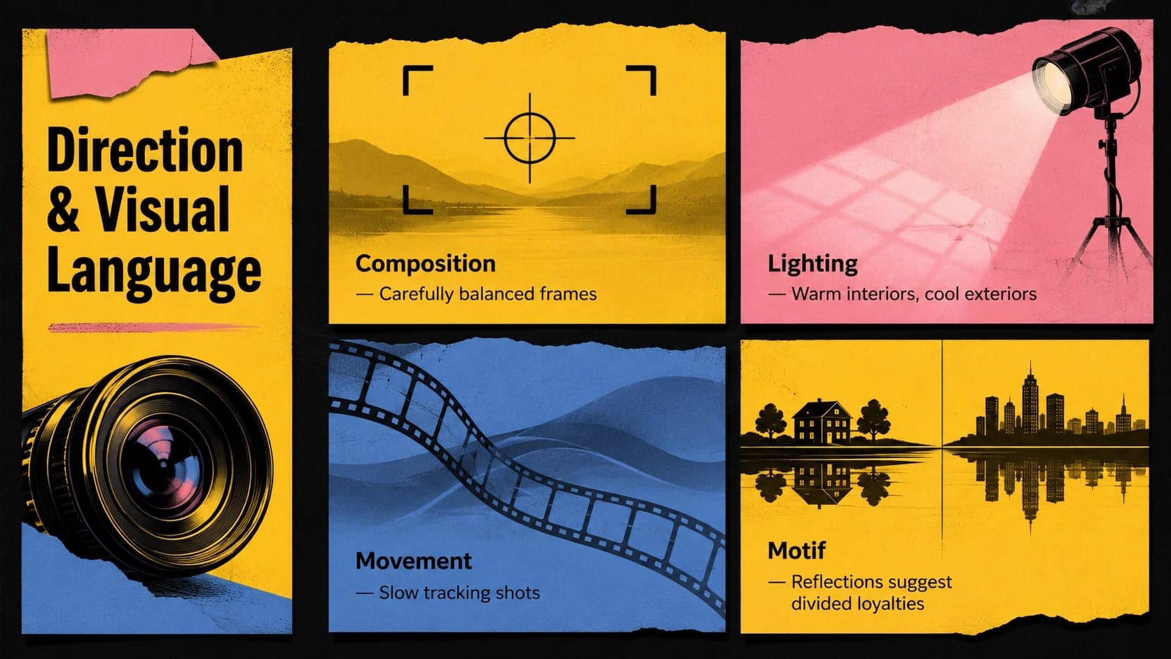 Cinematography review slide explaining composition, lighting, camera movement, and visual motifs.