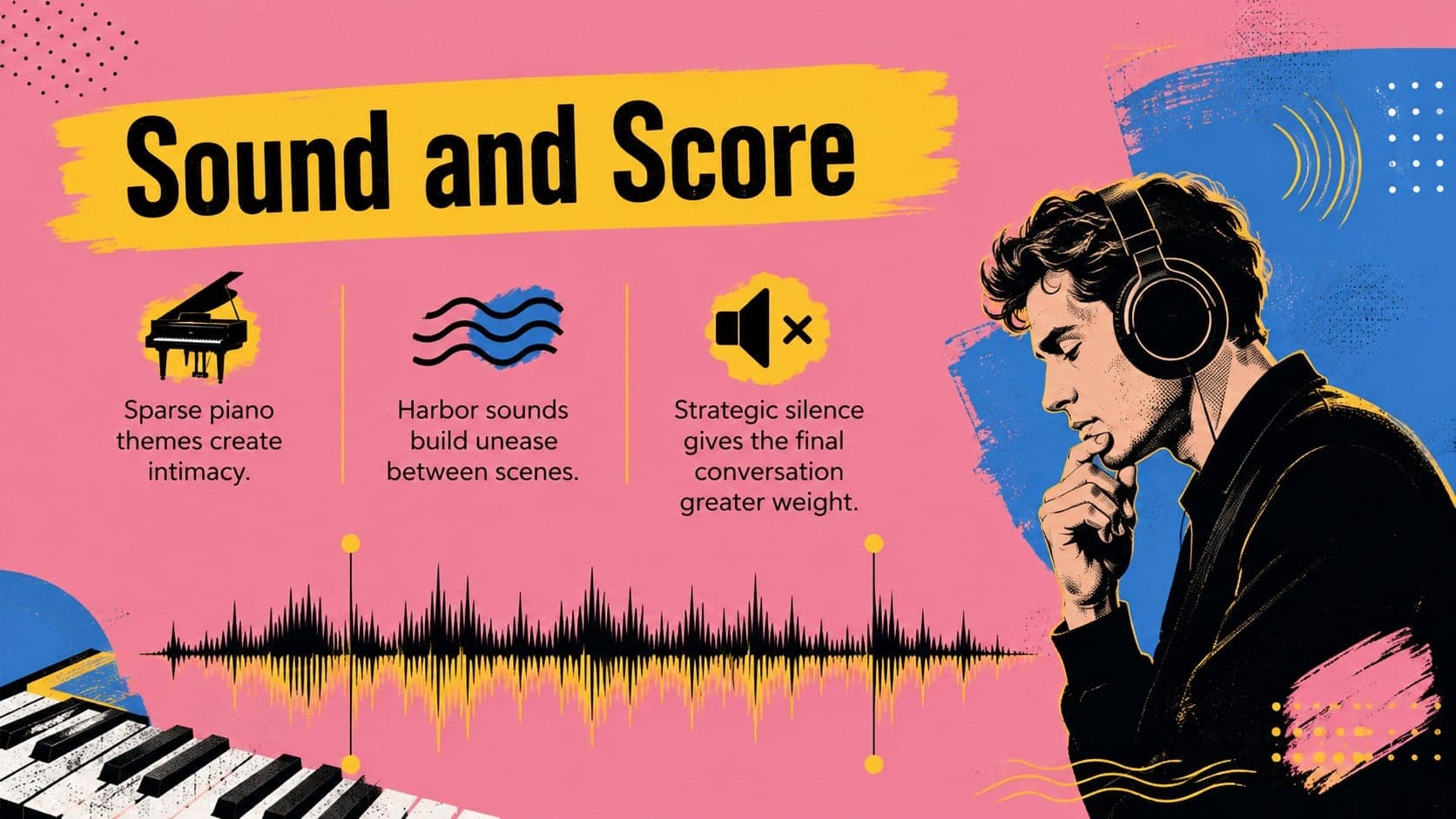 Sound design and musical score evaluation slide with waveform and listening-note graphics.