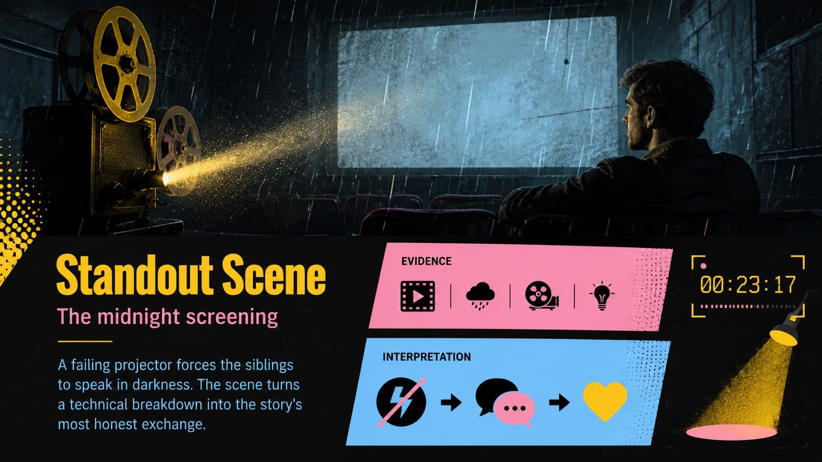 Standout scene analysis slide combining a cinematic image frame with evidence and interpretation.