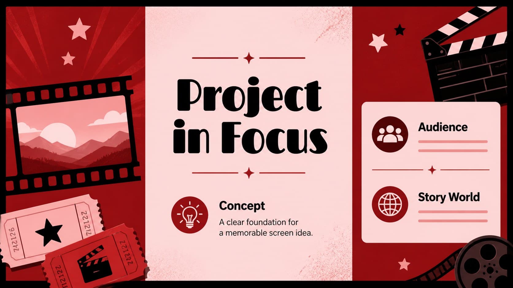 Film project overview slide in a cinematic film pitch deck with red-pink visual panels for concept, audience, and story.