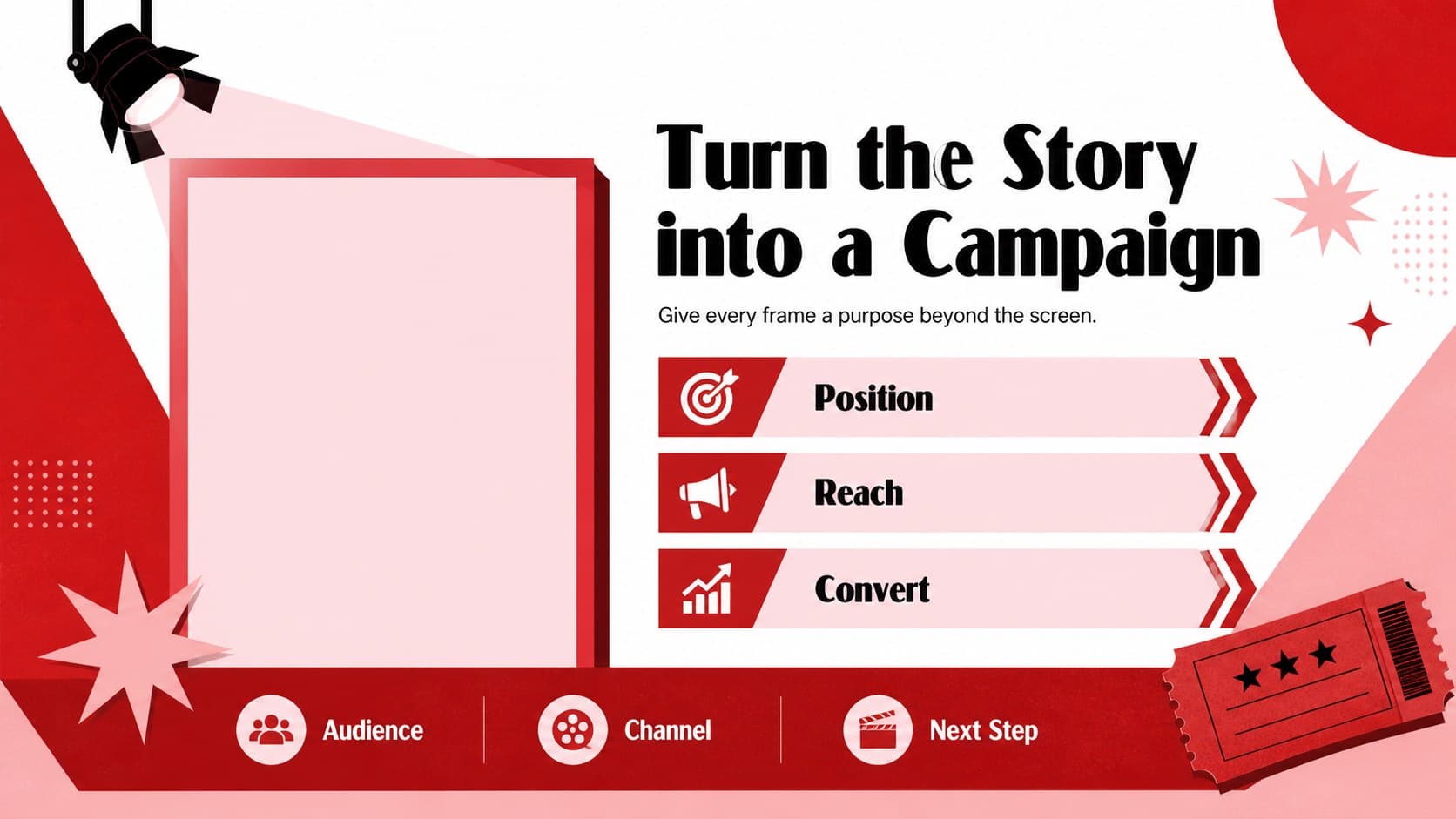 Film marketing presentation slide with a red-pink campaign strategy chart and space for poster imagery.