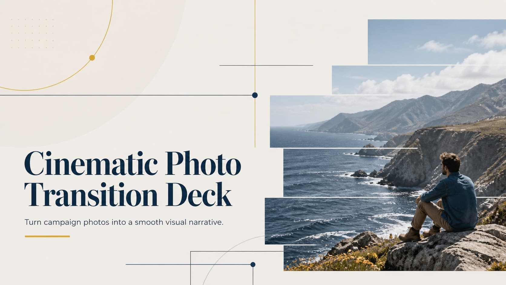 Cover of a cinematic photo transition deck with layered landscape photography and bold blue and yellow accents.
