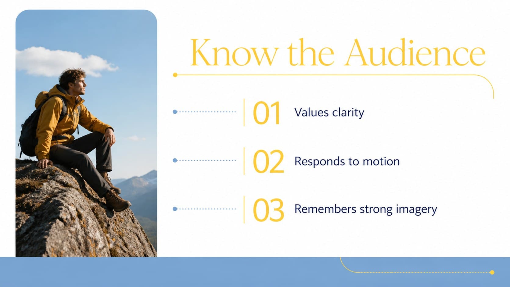 Audience insight slide from a visual storytelling deck for marketers featuring a portrait and three concise findings.