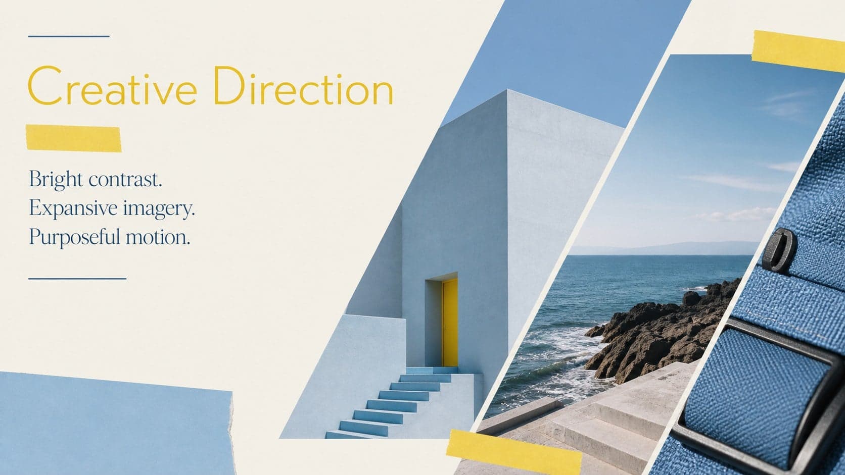 Creative direction slide showing a blue and yellow campaign presentation moodboard with original landscape images.