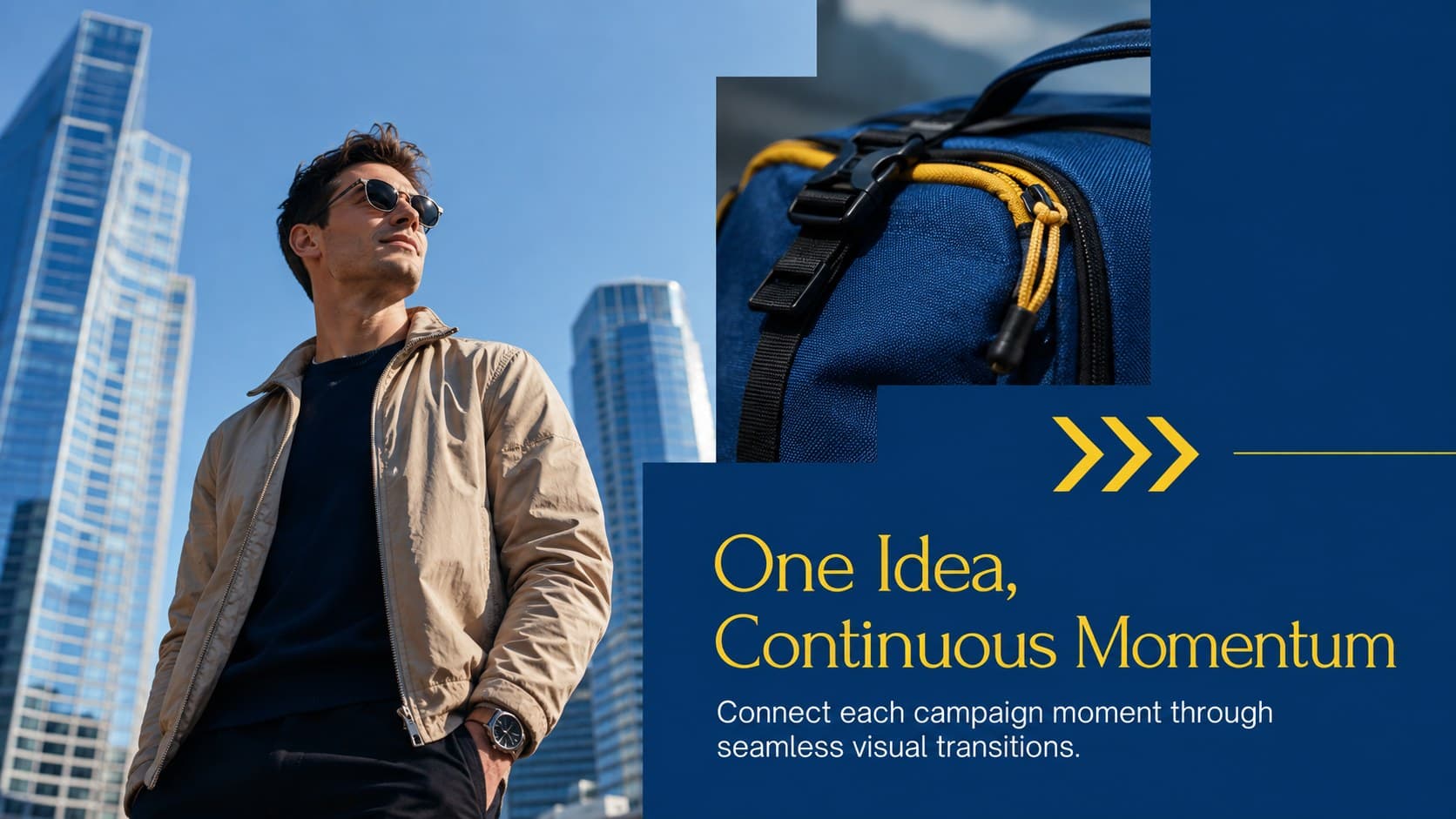 Campaign concept slide presenting a seamless image transition idea with bold photography and concise messaging.