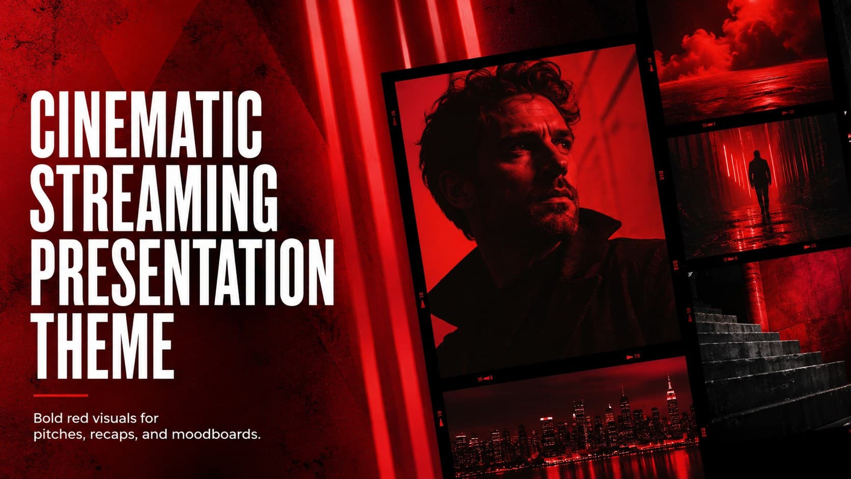Cover of the Cinematic Streaming Presentation Theme with bold red typography on a dark media-inspired background.