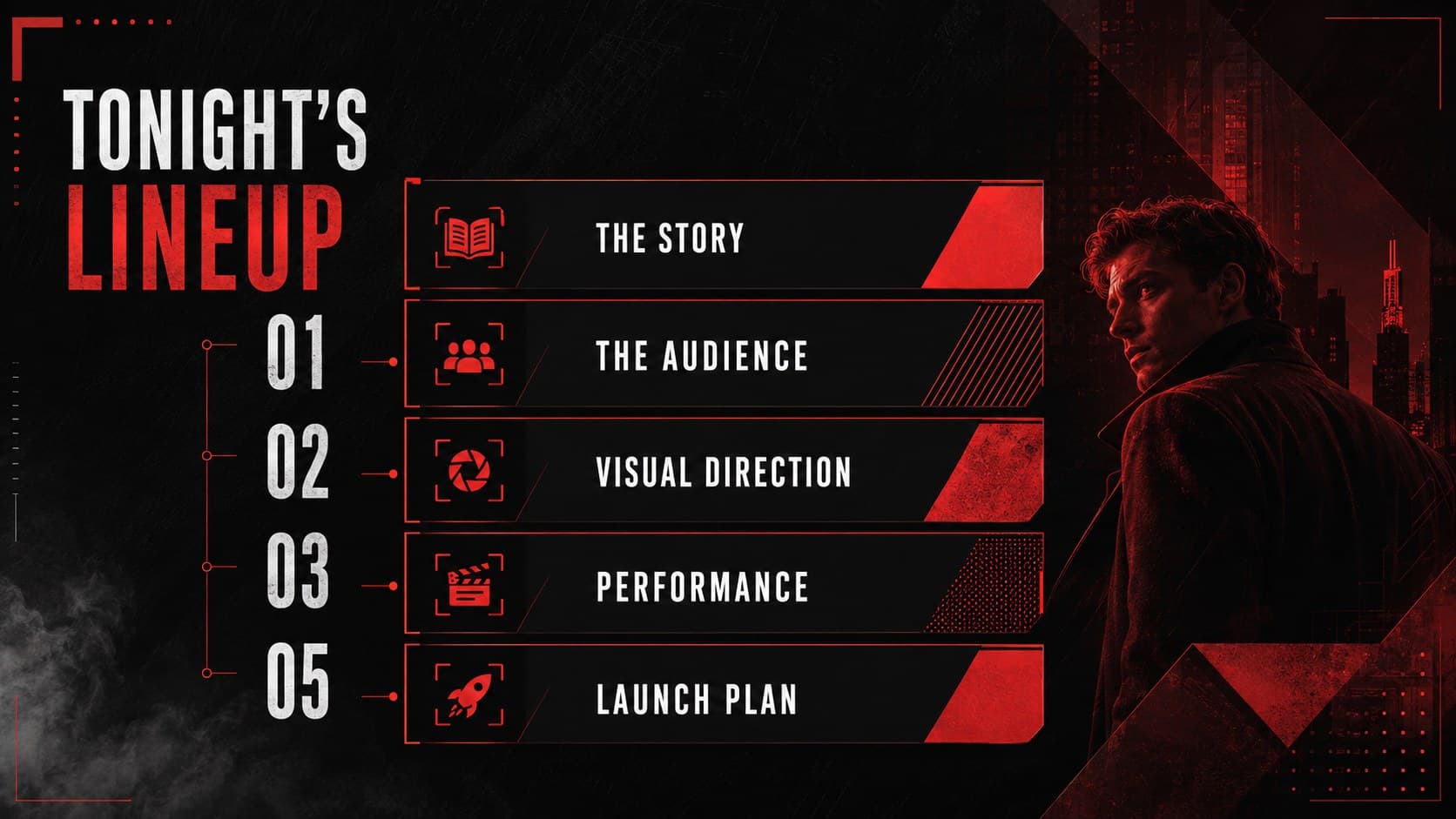 Dark cinematic agenda slide outlining the story, audience, visual direction, performance, and launch plan.