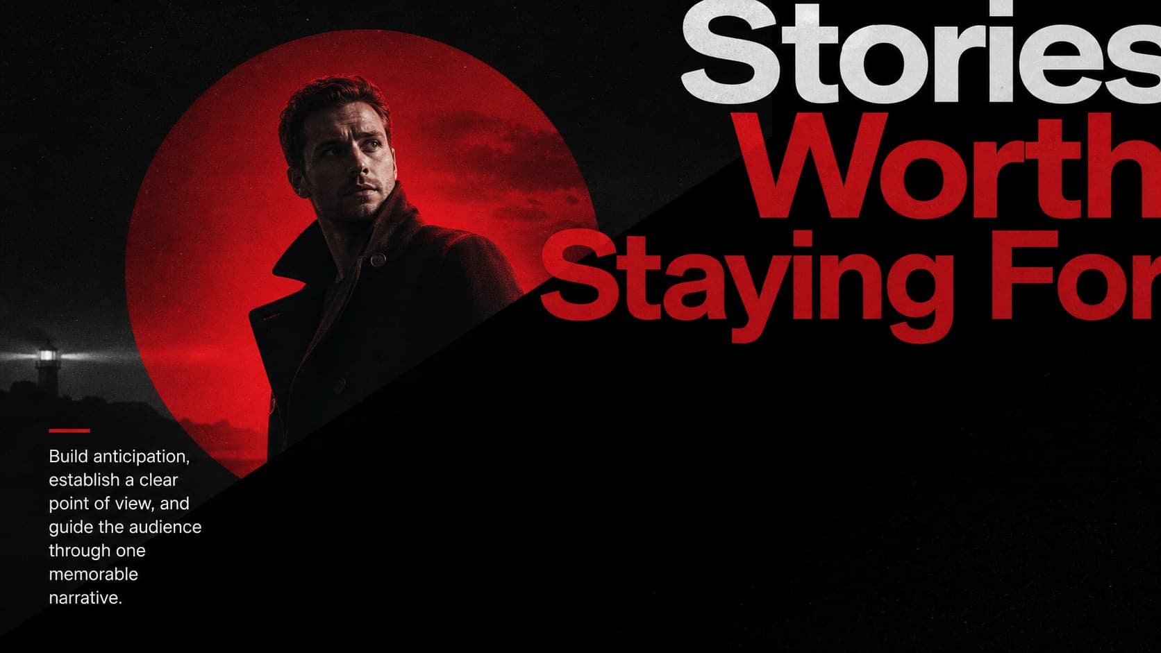 Cinematic streaming presentation theme slide introducing a focused content story with bold editorial text.
