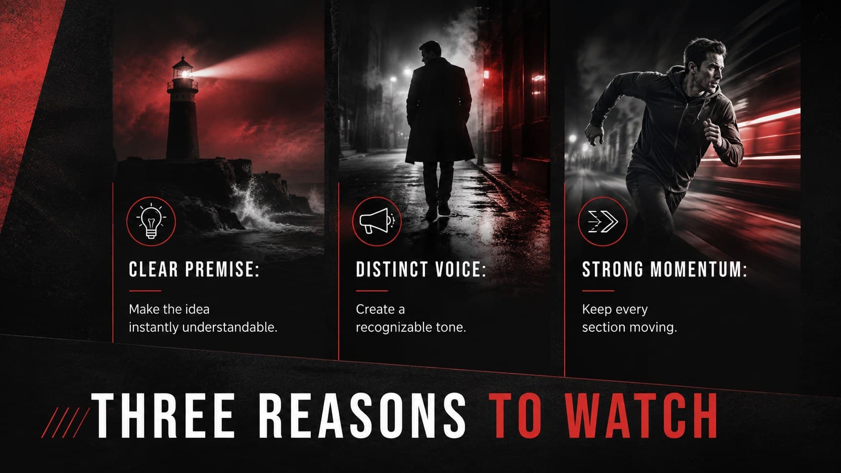 Red and black cinematic slide deck layout presenting three pillars of a content strategy.