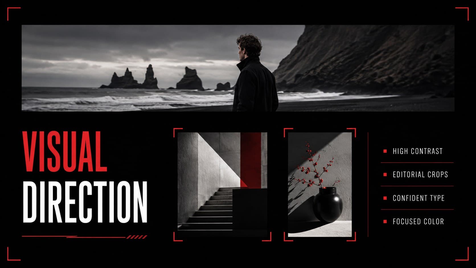 Streaming aesthetic presentation template slide featuring an editorial image showcase and creative direction notes.