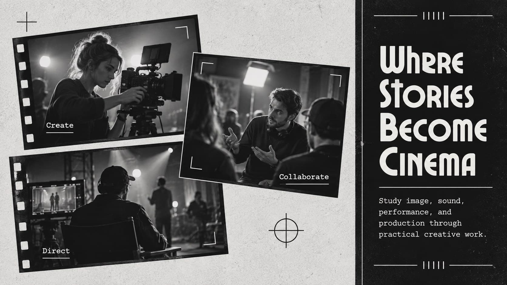 Film school overview slide introducing the purpose and creative scope of a cinema studies program.