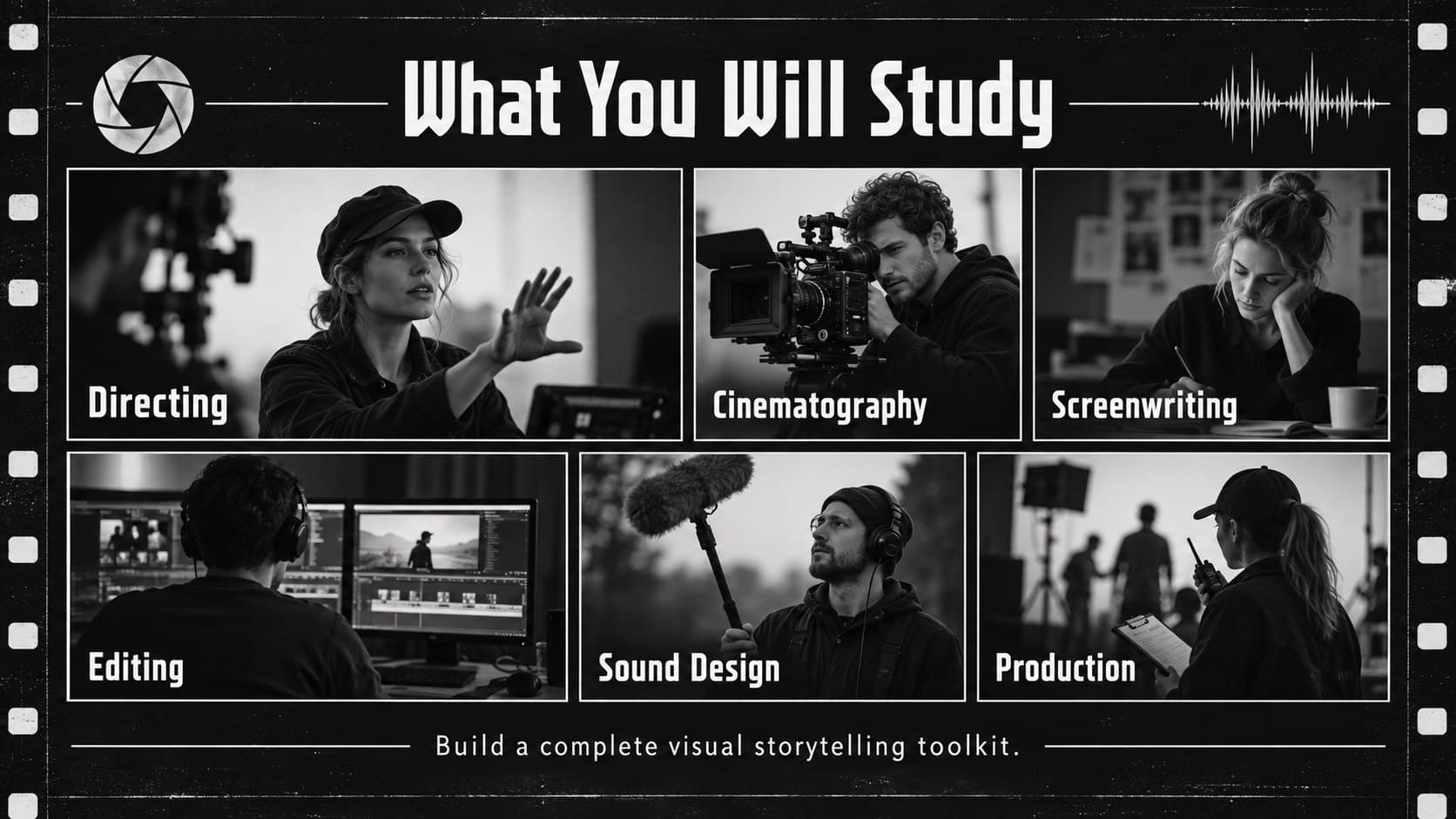 Screen arts curriculum slideshow outlining directing, cinematography, editing, writing, sound, and production.