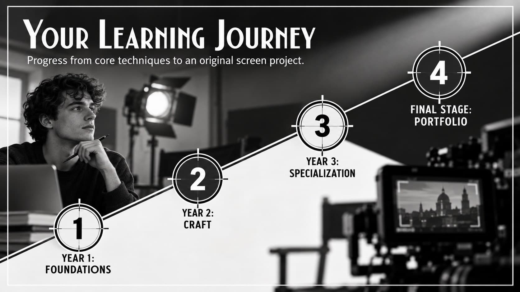 University film course recruitment slide showing a four-stage learning pathway from foundations to portfolio.