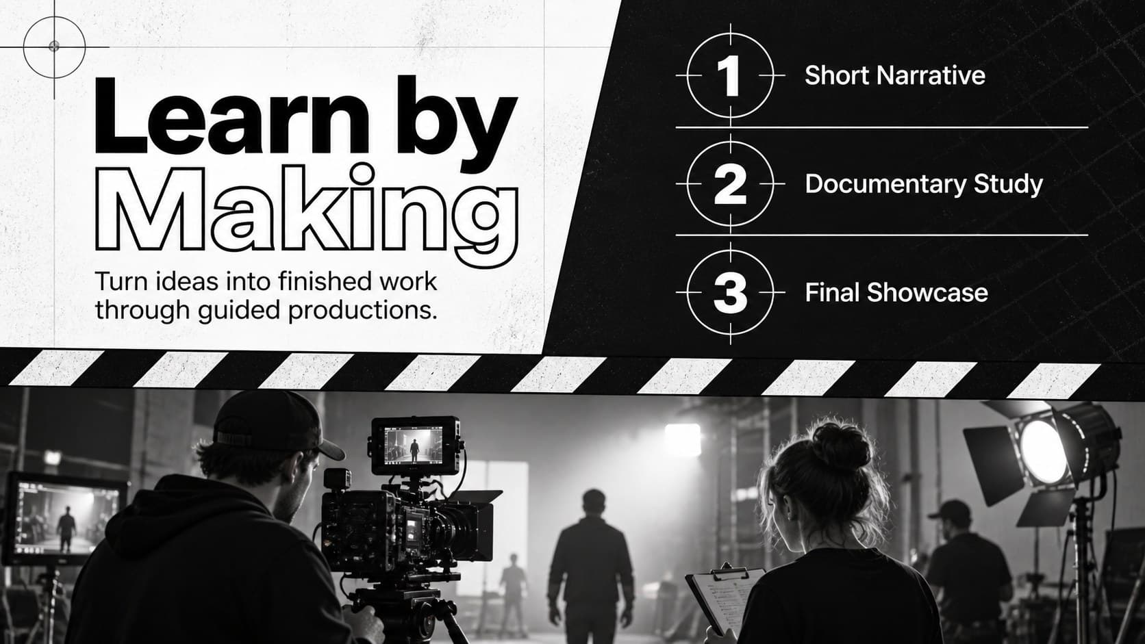 Visual storytelling degree overview slide featuring hands-on film projects and collaborative production work.