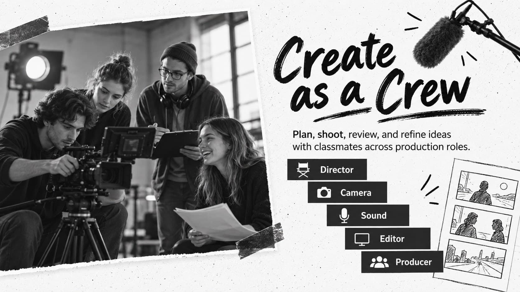 Film education slide highlighting collaboration among directors, camera crews, editors, and sound teams.