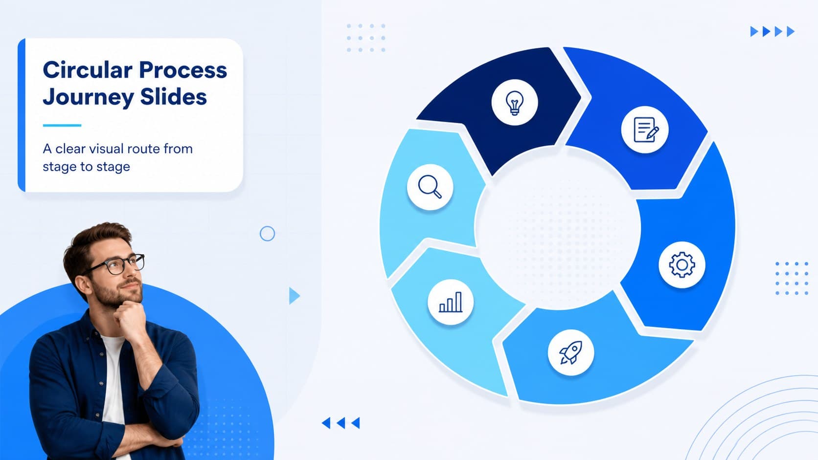 Blue cover slide introducing circular process journey slides with a modern geometric cycle graphic.