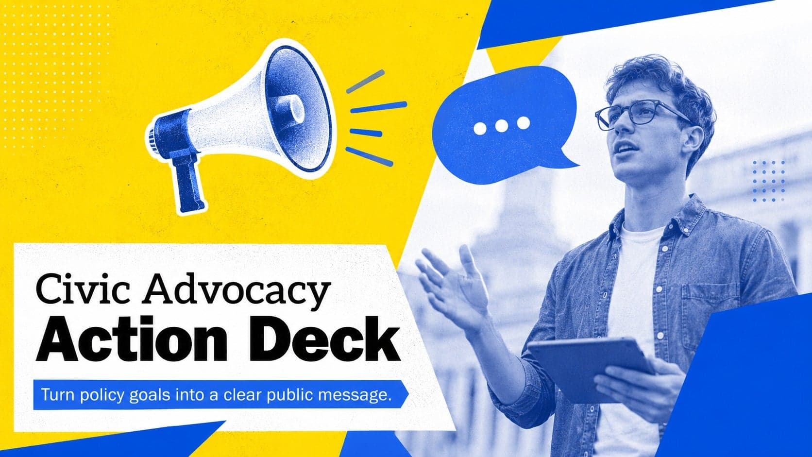Cover of the Civic Advocacy Action Deck with bold blue and yellow geometric campaign graphics.