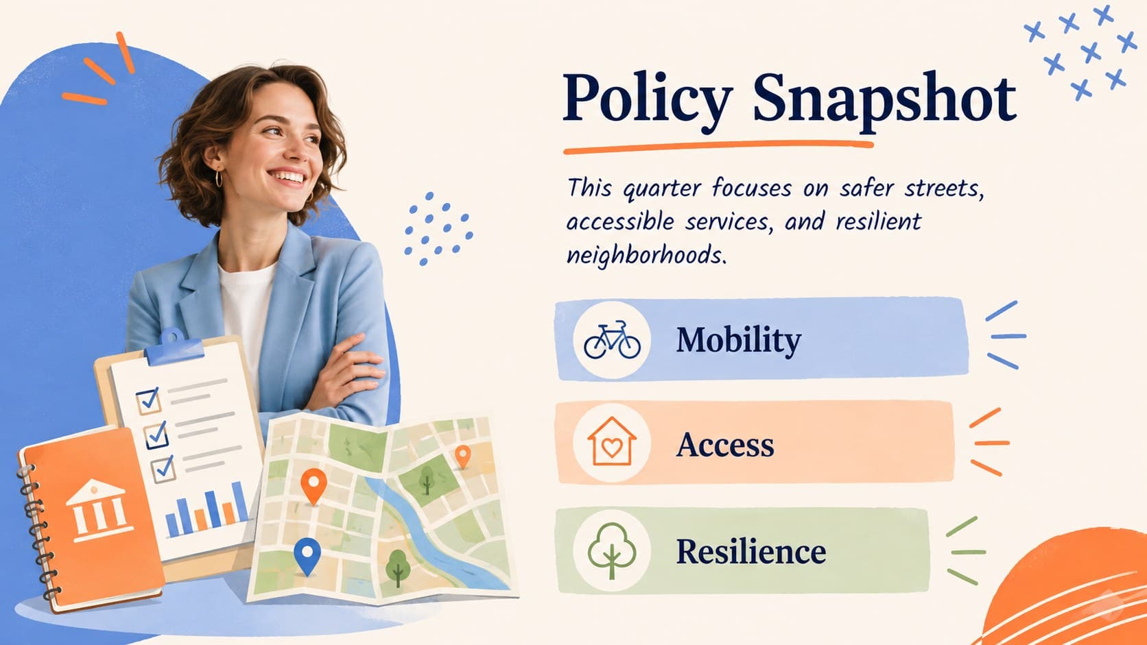 Policy snapshot slide summarizing priorities for a government newsletter presentation.