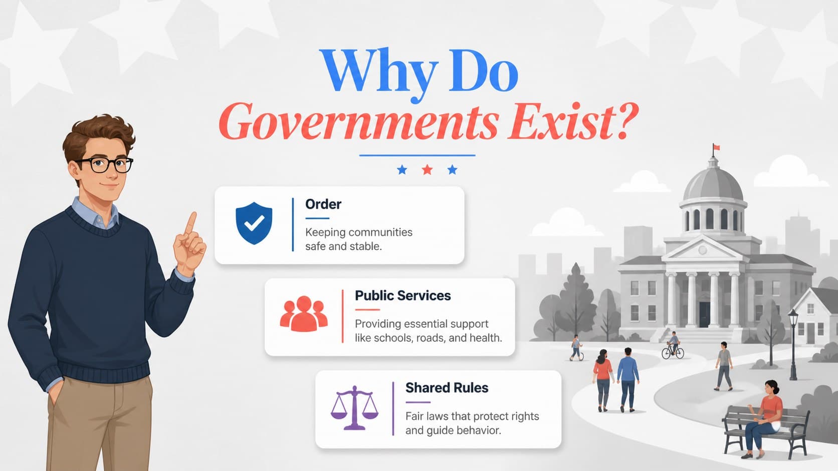 Civics lesson slide introducing the purpose of government through an illustrated classroom composition.