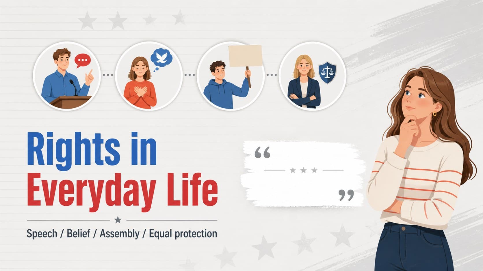 Civil rights classroom slide presenting key freedoms with editable icon-led content blocks.