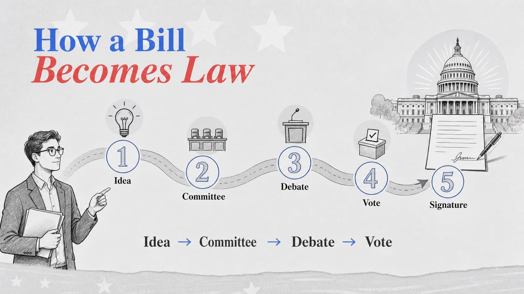 Lawmaking process slide mapping a bill from proposal to approval in a classroom-friendly timeline.