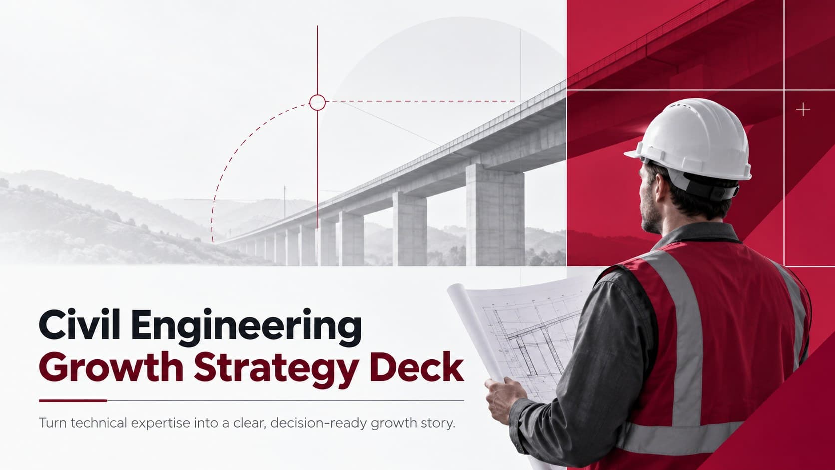 Cover of a minimal red Civil Engineering Growth Strategy Deck with geometric infrastructure graphics.