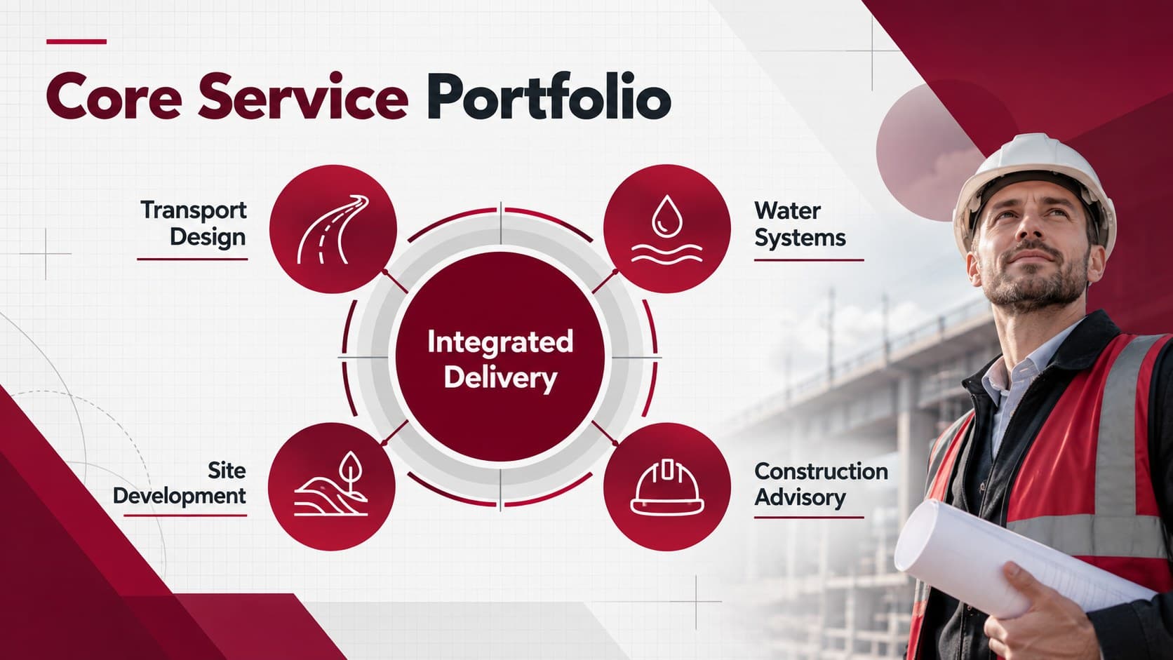 Service portfolio slide showing four capabilities in a civil engineering growth strategy deck.
