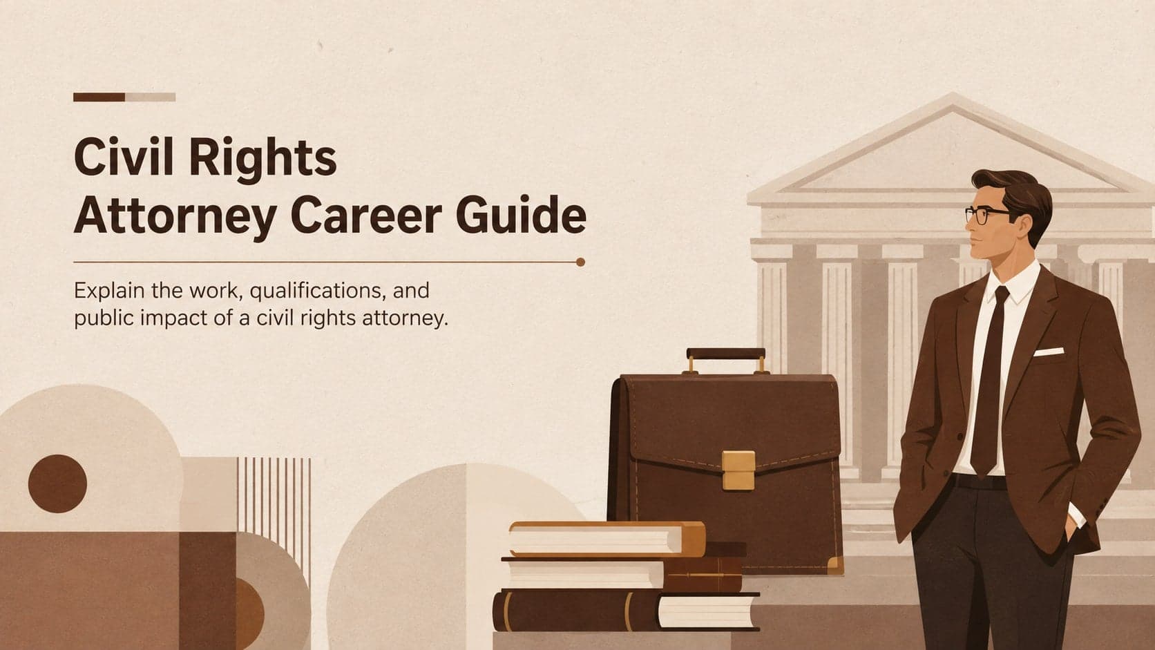 Cover of the Civil Rights Attorney Career Guide in a warm beige and brown illustrated legal style.