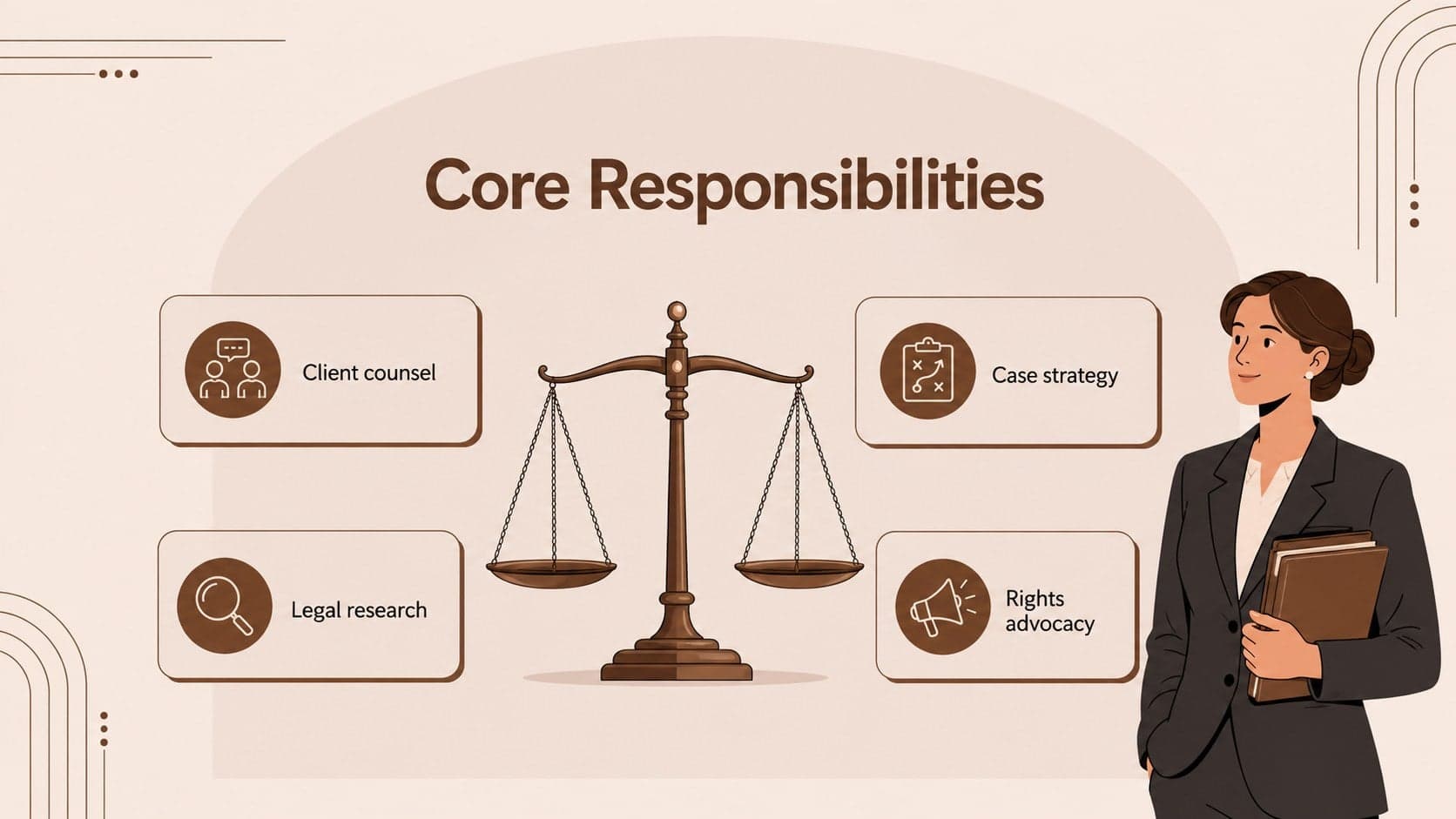 Illustrated civil rights lawyer responsibilities presentation with four core duty areas.
