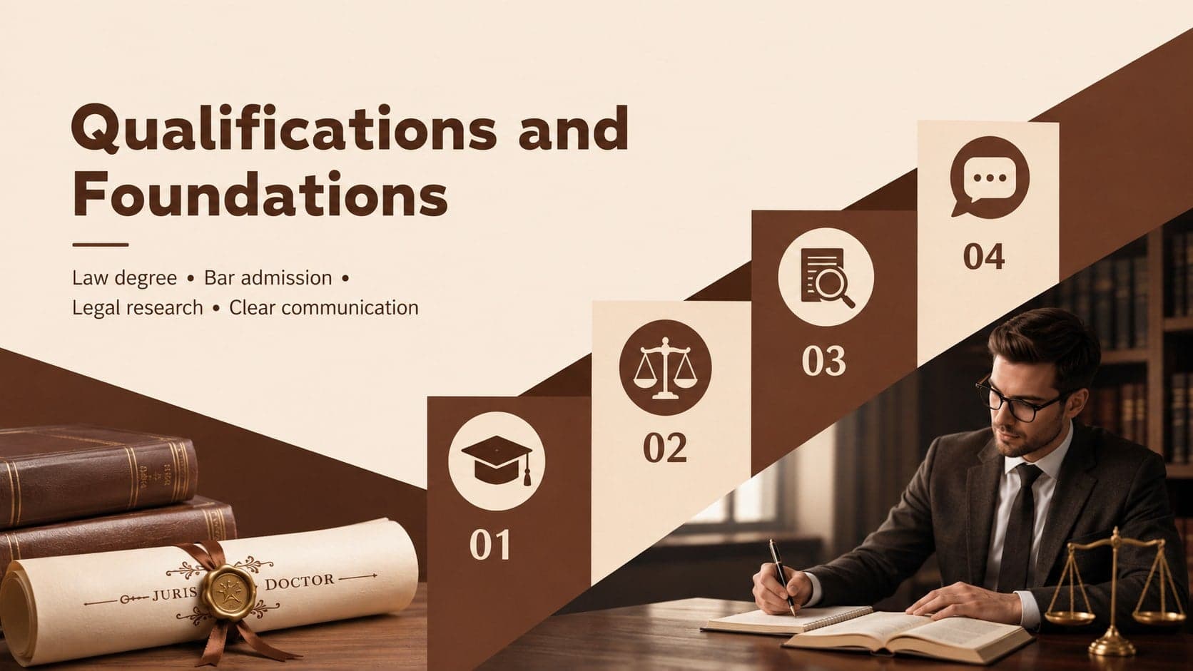 Attorney qualifications slide showing education, licensing, research, and communication requirements.