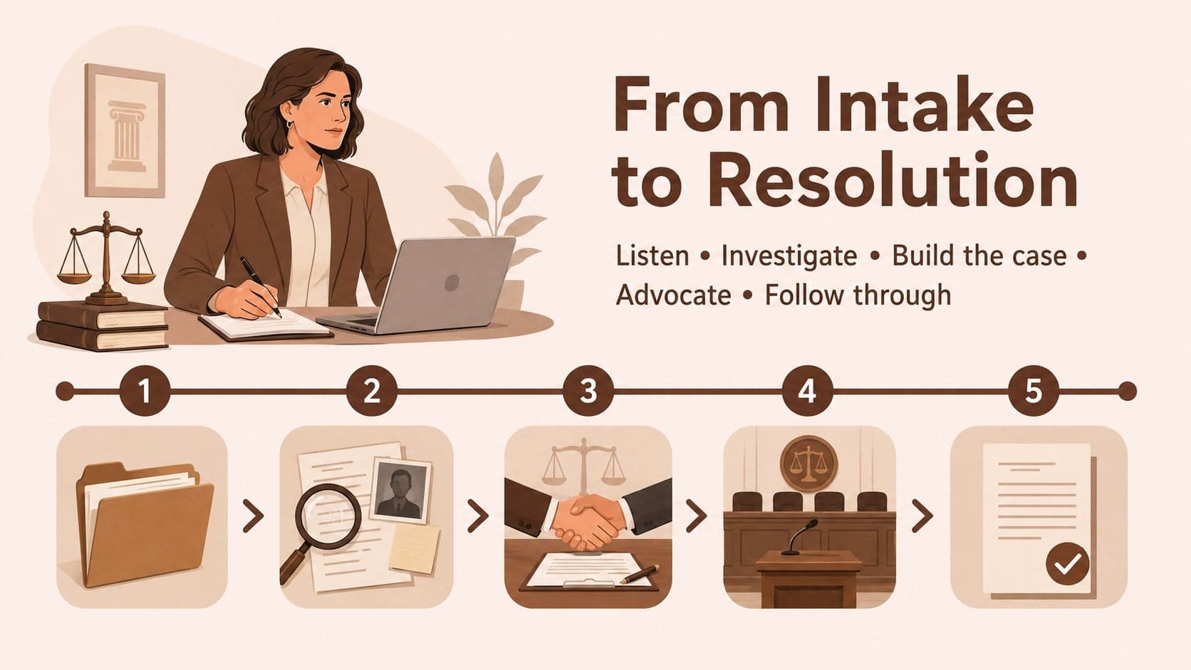 Legal advocacy career presentation slide mapping a civil rights case from intake to resolution.