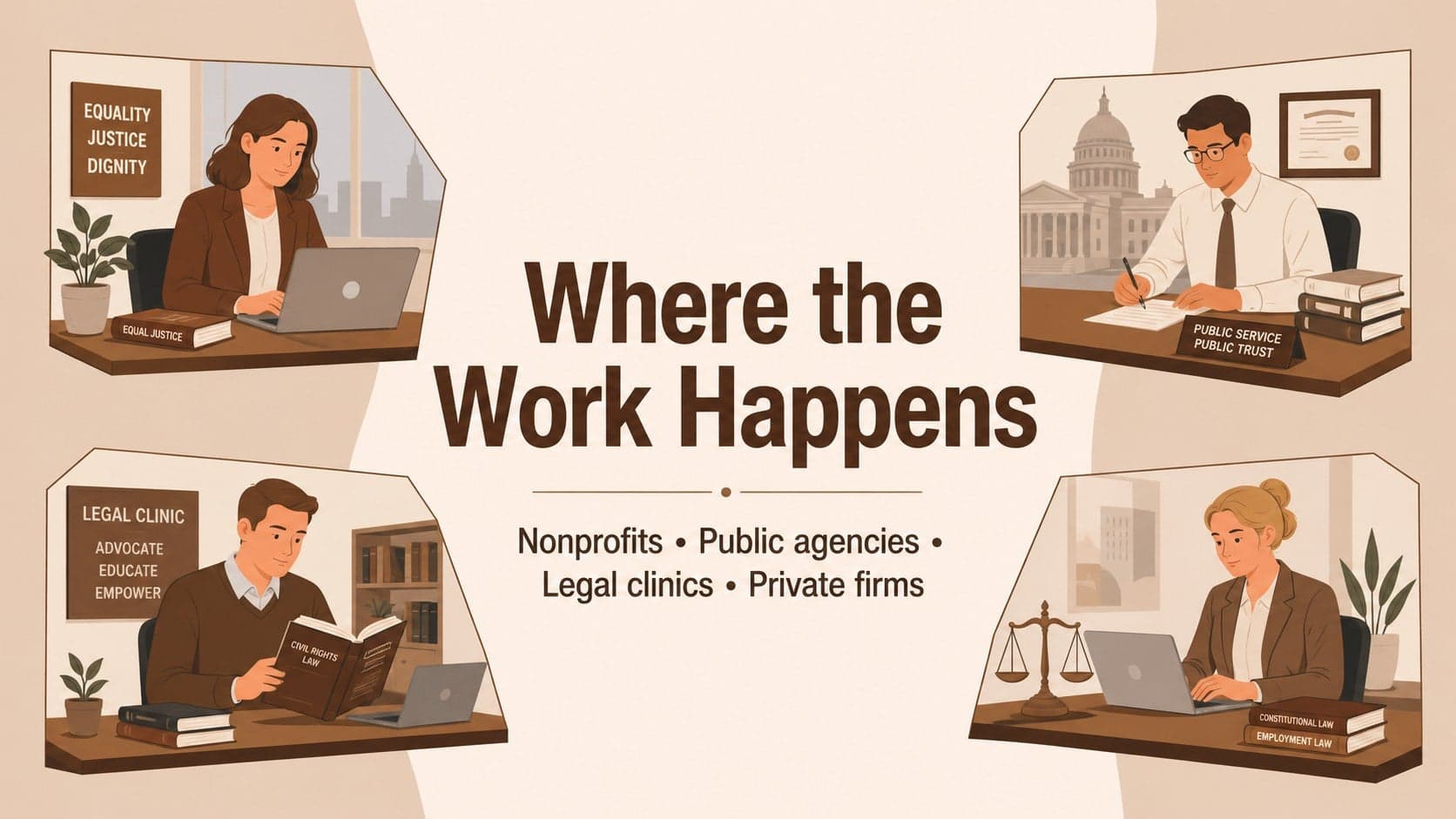 Civil rights attorney workplace settings slide for nonprofits, agencies, firms, and public offices.