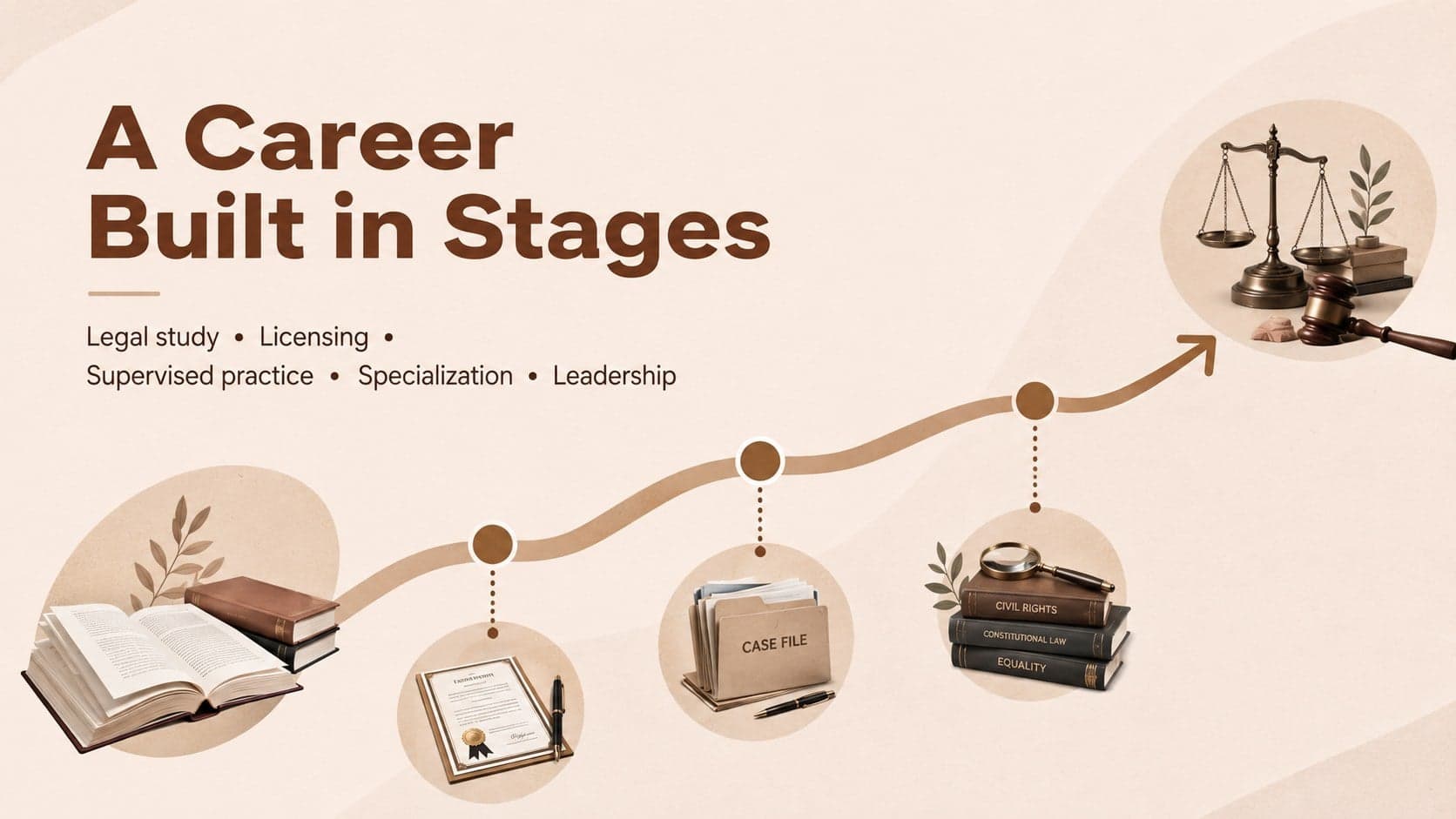 Public interest lawyer career path timeline from legal study to leadership.