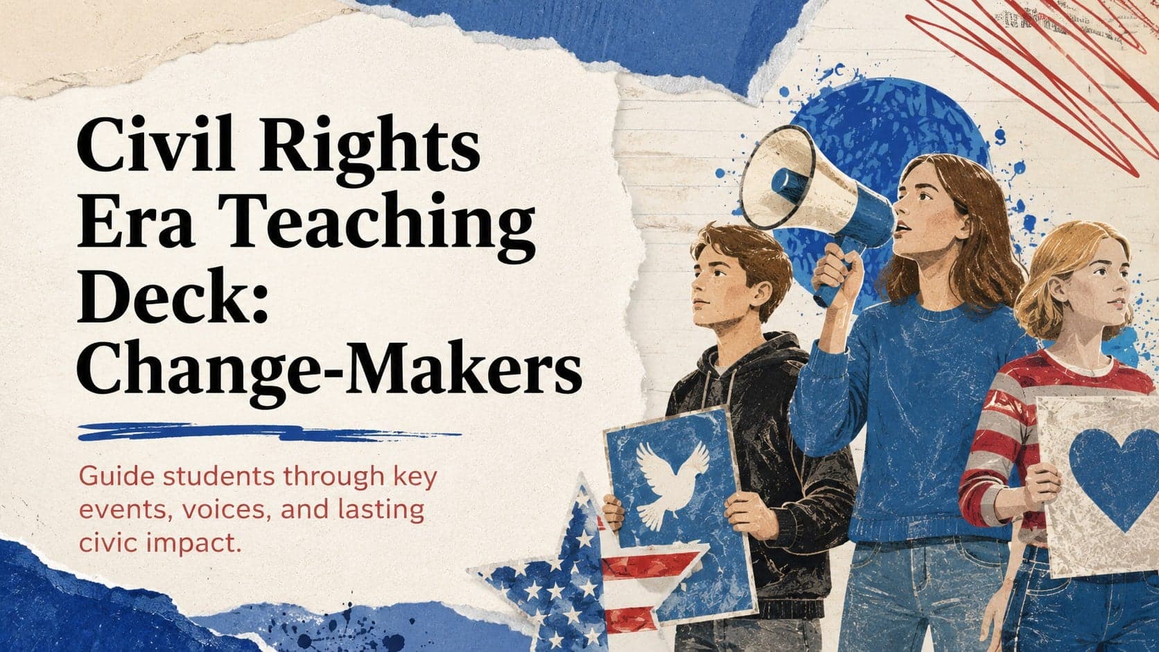 Illustrated cover for a civil rights era teaching deck with change-maker imagery and vintage classroom textures.