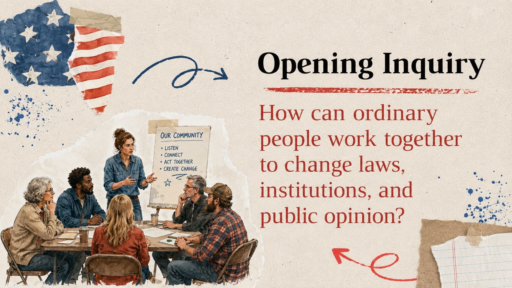 Civil rights era lesson opener presenting an inquiry question about how communities create social change.