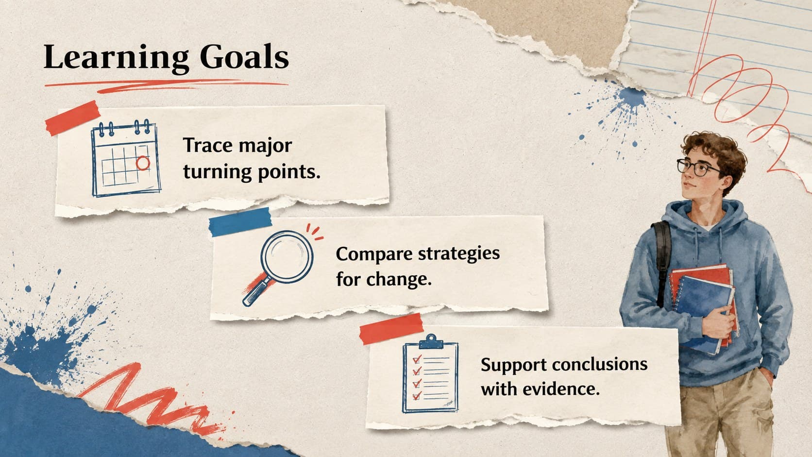 US history teaching slide outlining learning goals for civil rights events, strategies, and evidence.